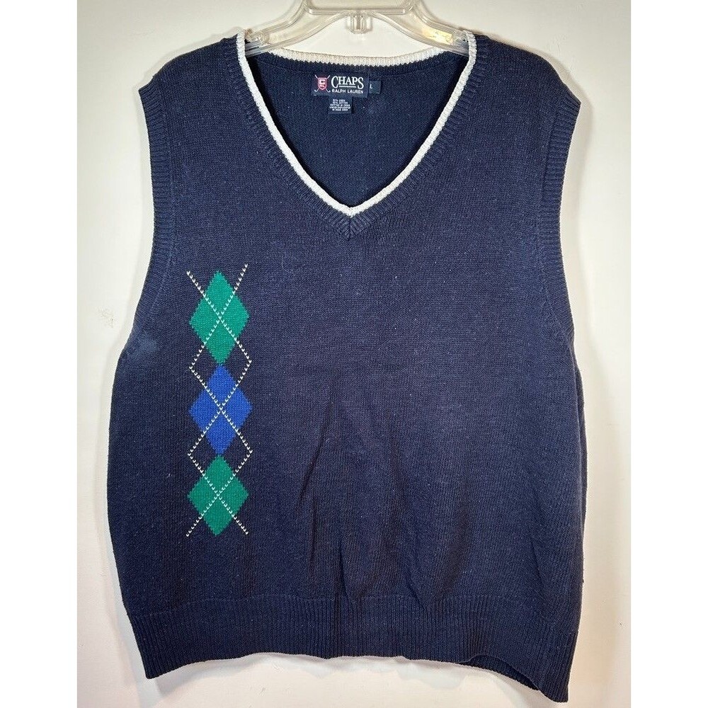 Ralph Lauren Chaps ARGYLE Sweater Knit Vest Men’s L Linen Cotton Golf Preppy